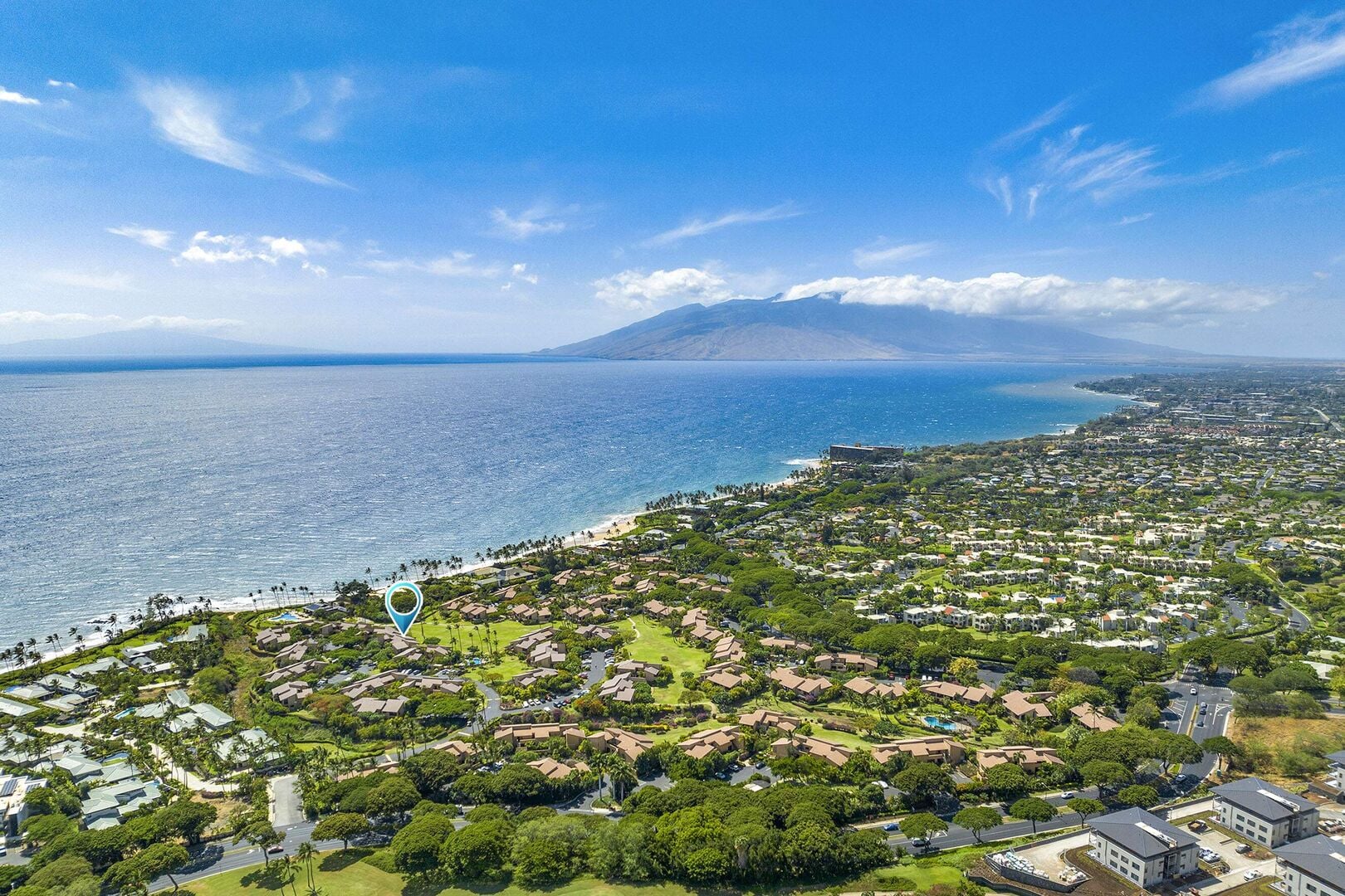 Aerial view of Wailea Ekahi Village with a pin marking unit 10F